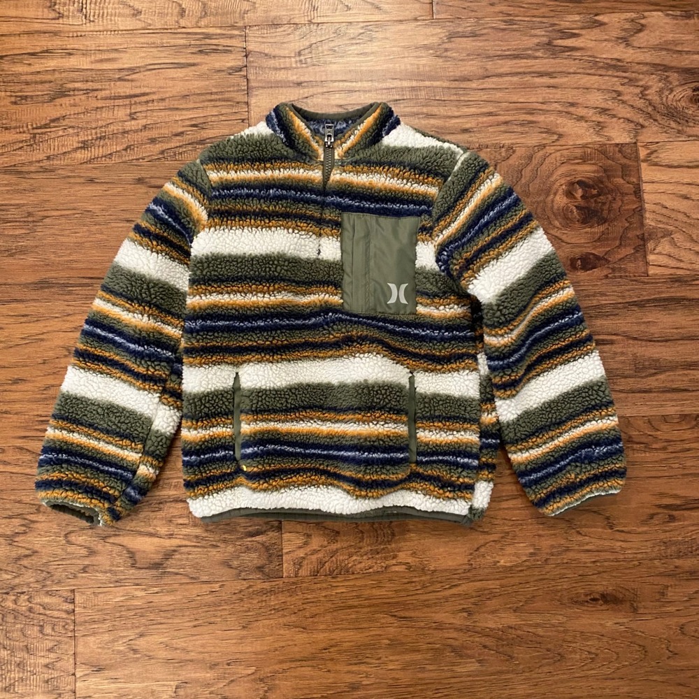 Hurley Sherpa Fleece Pullover Kids S 6/7 Green Striped Quarter Zip Jacket